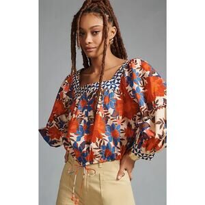Farm Rio x Anthropologie Printed Square-Neck Puff-Sleeve Blouse Size XS P2P 18’